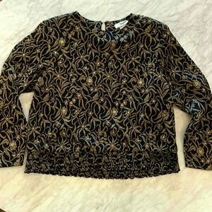 Vintage Frejani Gold Beaded Blouse Party Top Long Sleeve Smocked Waist Size‎ 16